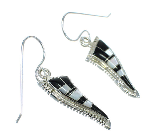 Jet And Mother Of Pearl Southwest Sterling Silver Hook Dangle Earrings WX63392